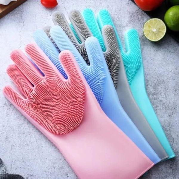 Magic Reusable Silicon Gloves With Wash Scrubber, Heat Resistant, For Cleaning, House Hold, Dish Washing