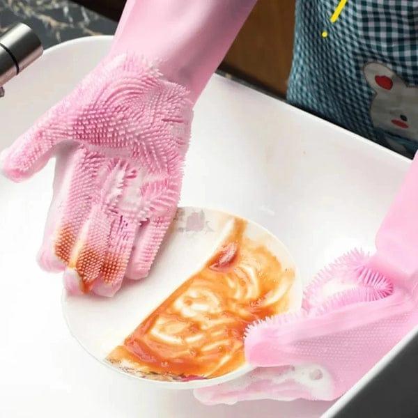 Magic Reusable Silicon Gloves With Wash Scrubber, Heat Resistant, For Cleaning, House Hold, Dish Washing