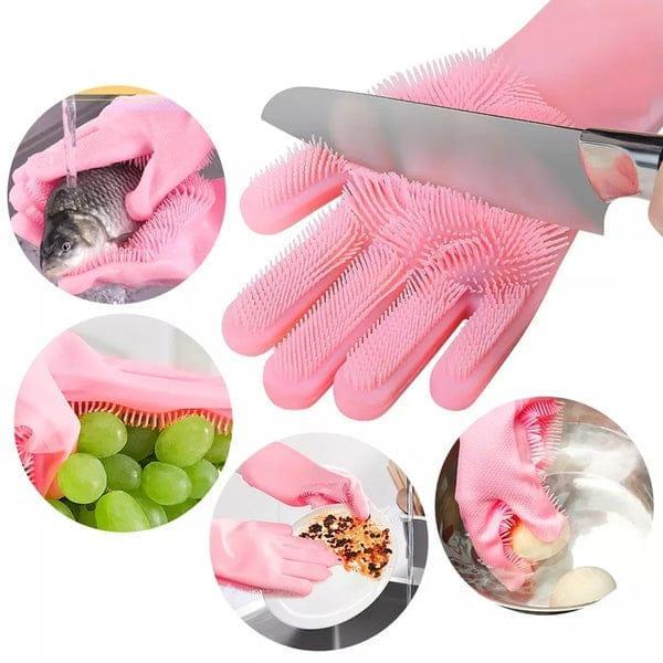 Magic Reusable Silicon Gloves With Wash Scrubber, Heat Resistant, For Cleaning, House Hold, Dish Washing