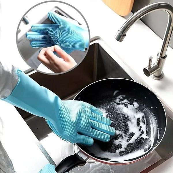 Magic Reusable Silicon Gloves With Wash Scrubber, Heat Resistant, For Cleaning, House Hold, Dish Washing